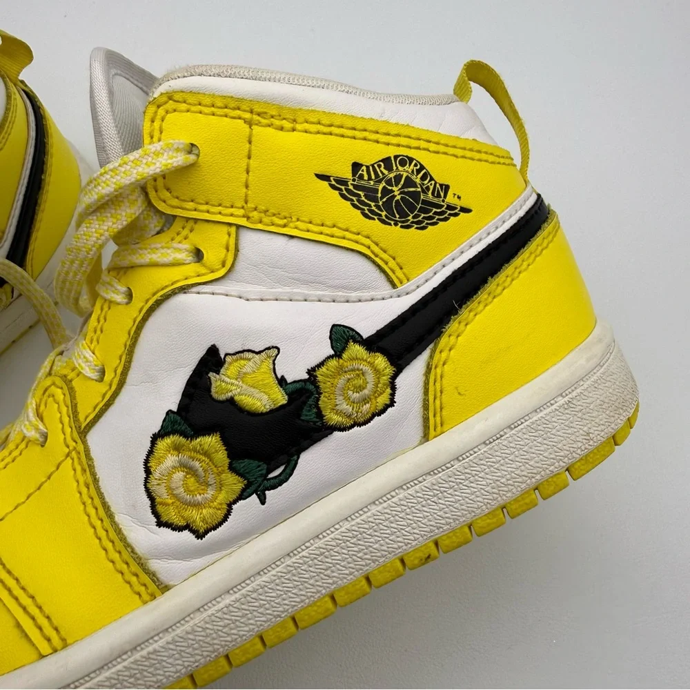 Nike Air Jordan 1 Mid GS “Dynamic Yellow Floral” Rose Patch Sneakers Size 1Y